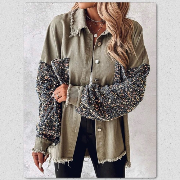 Olive Sparkly Sequin Shacket with Gold Tone Buttons! - Picture 2 of 5